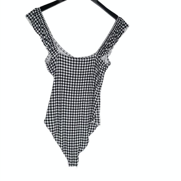 Forever 21 Black Plaid Ruffle Ribbed Knit Bodysuit - Picture 3 of 4